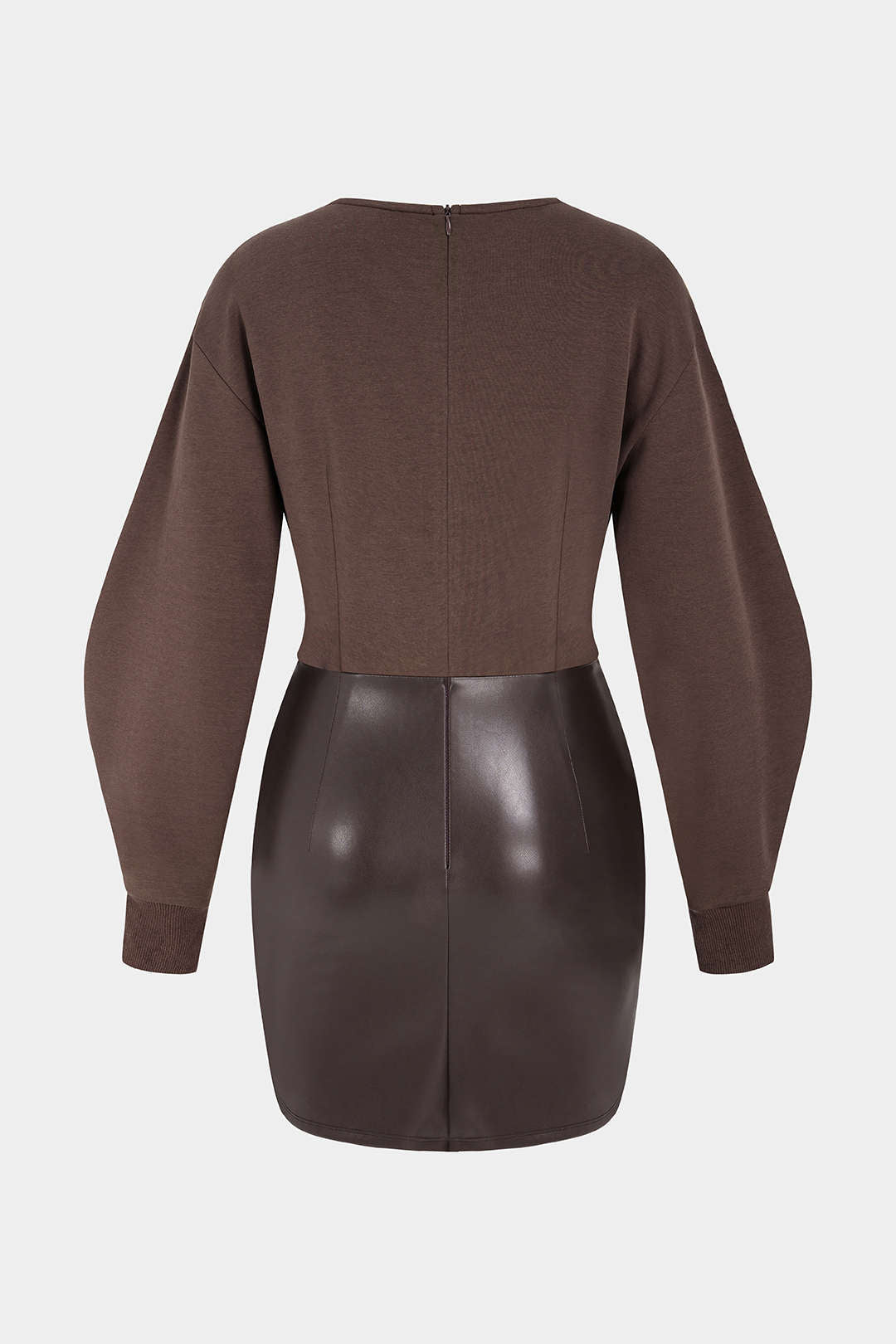 Asymmetrische leren-look minijurk met ronde hals