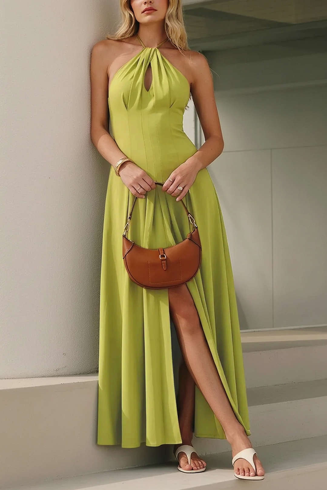 Mouwloze maxijurk met halternek, uitsnijding en strik