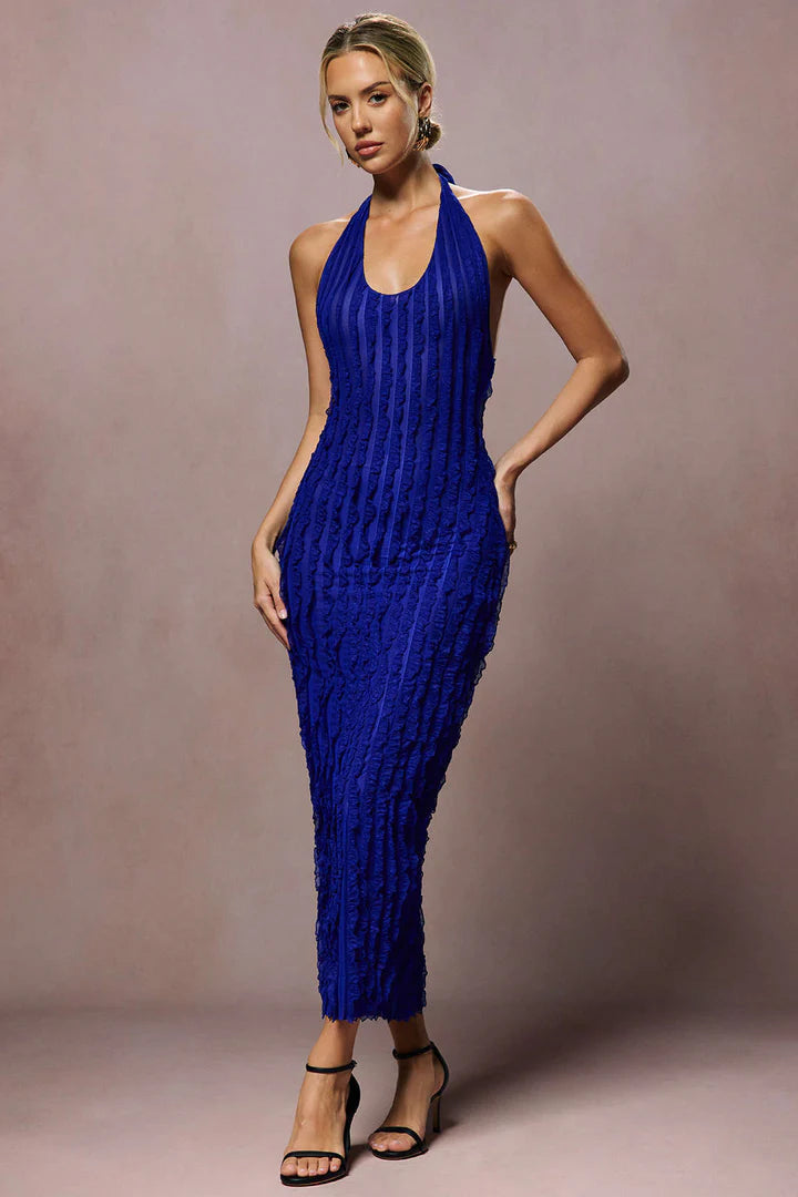 Maxi dress with sheer ruffles, halter neck and open back