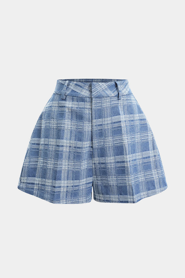Denim geruite short met knoopjes en rits