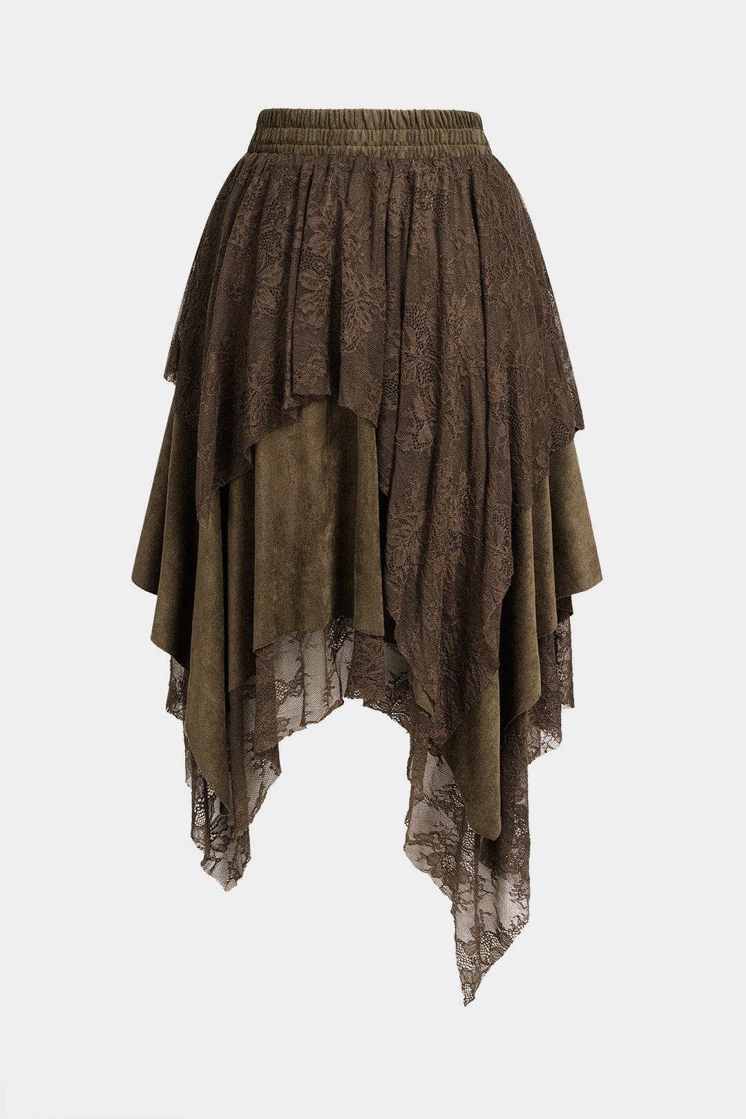 Asymmetrische midi-rok met patchwork, kant en suèdelook