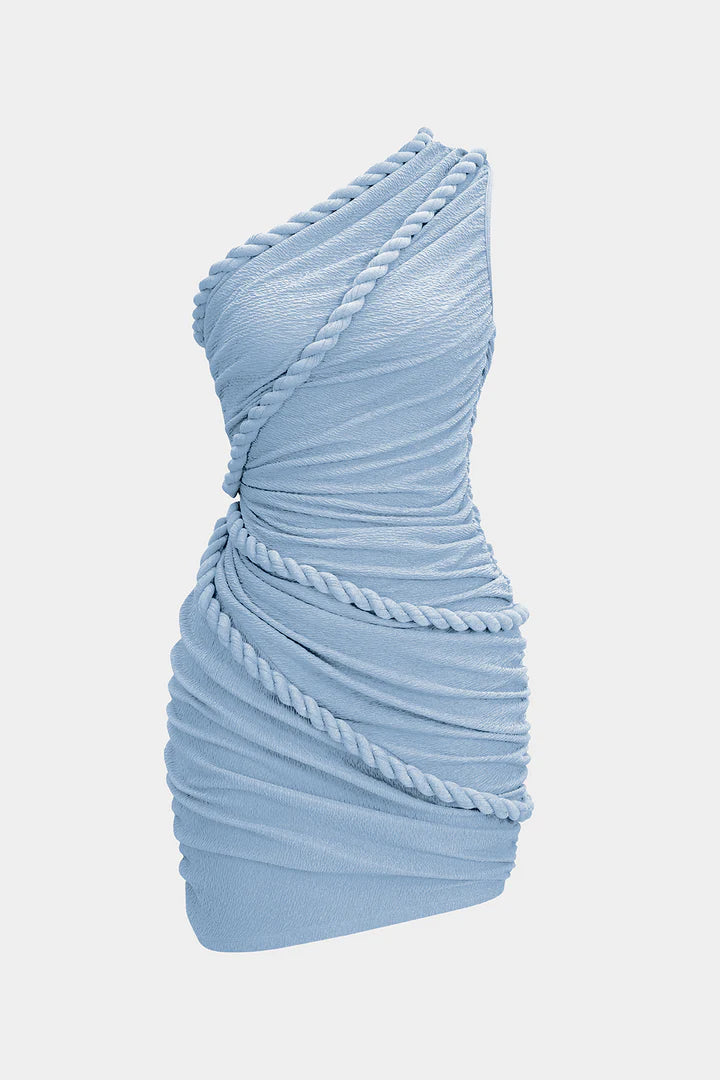 Sleeveless pleated mini dress with one shoulder and twist button
