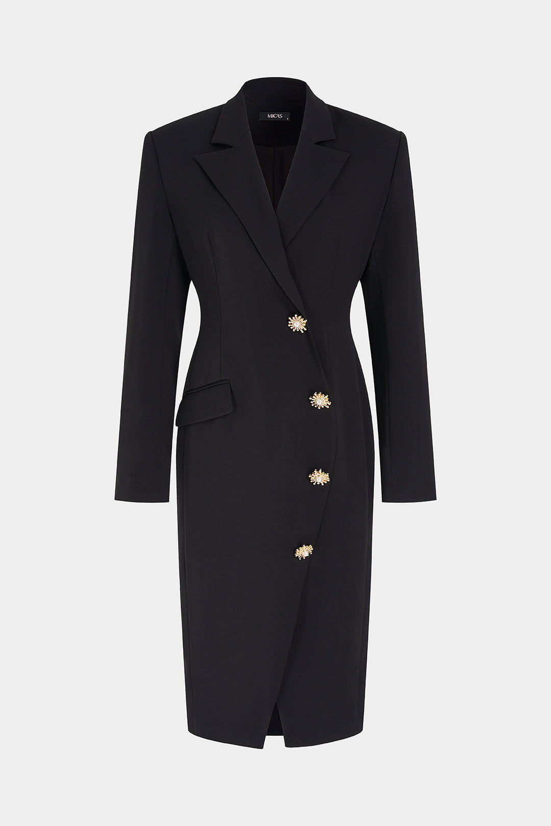 Asymmetrische midi-jurk met metalen details en lange mouwen