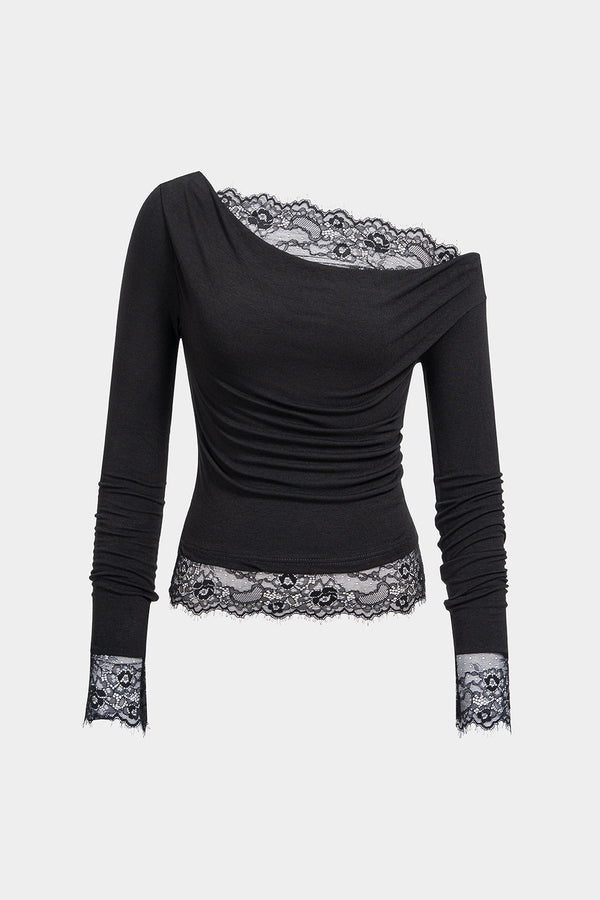 Esther - Patchwork top met kant, één schouder en lange mouwen