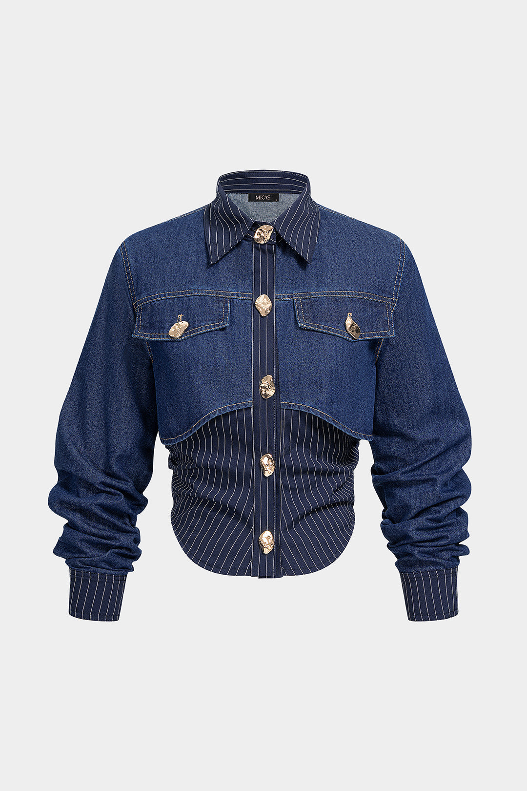 Denim patchwork blouse met knoopjes en lange mouwen