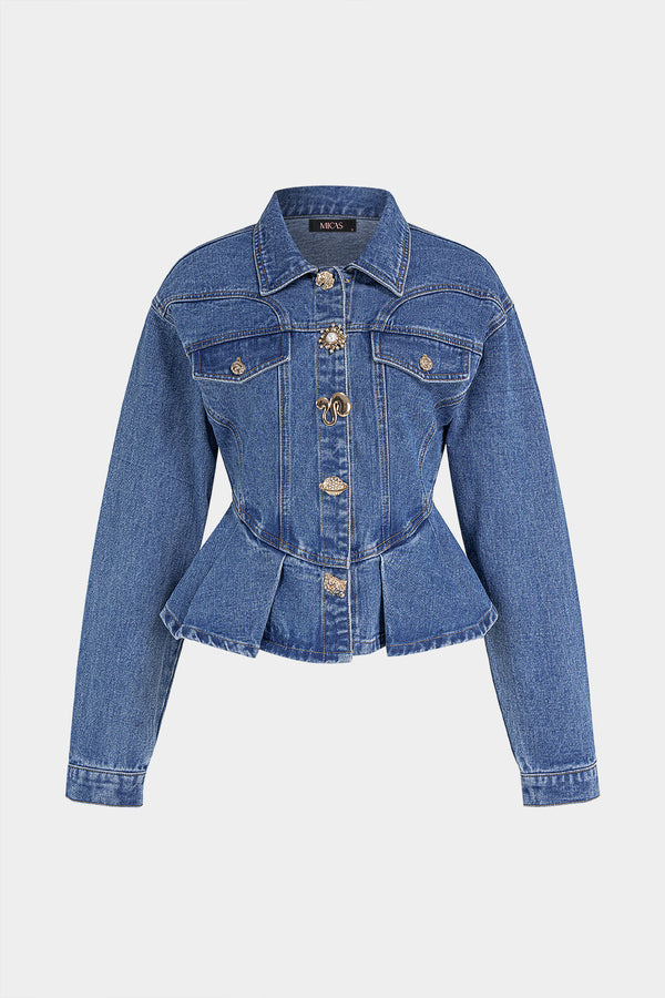Denim metallic item met ruches, knoopjes en volants