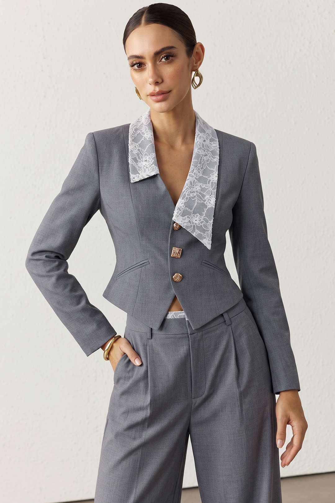 Patchwork asymmetrische blazer met kanten rand