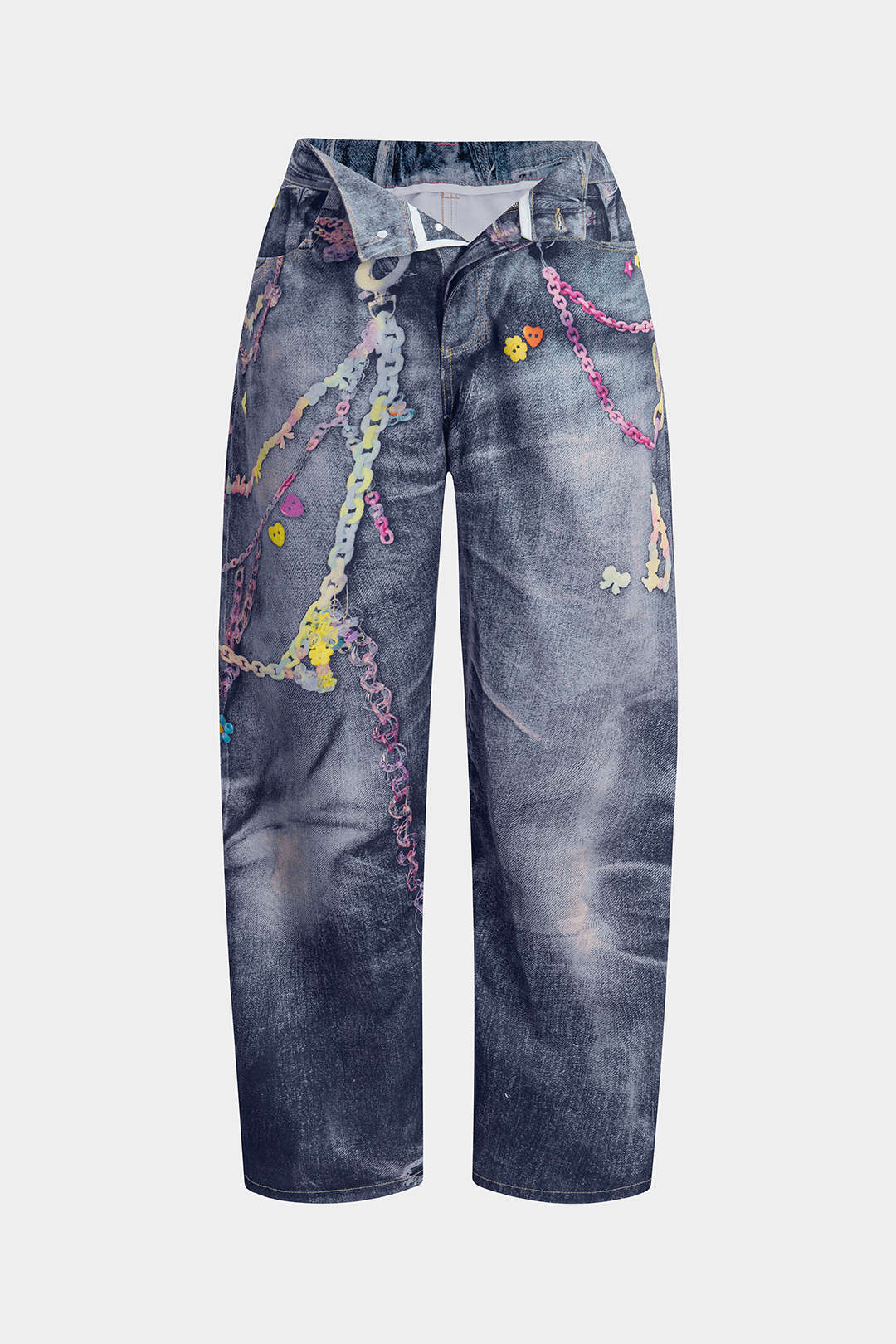 Abstracte print pantalon met knoopjes en wijde pijpen