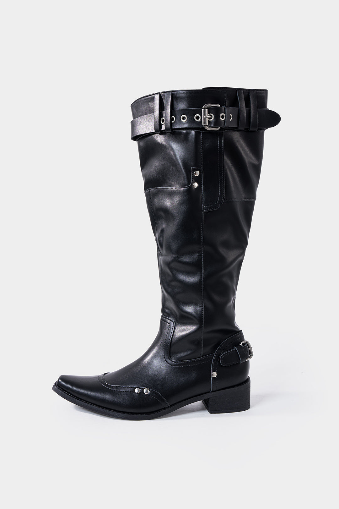 Leren-look kniehoge laarzen met ruches en gesp
