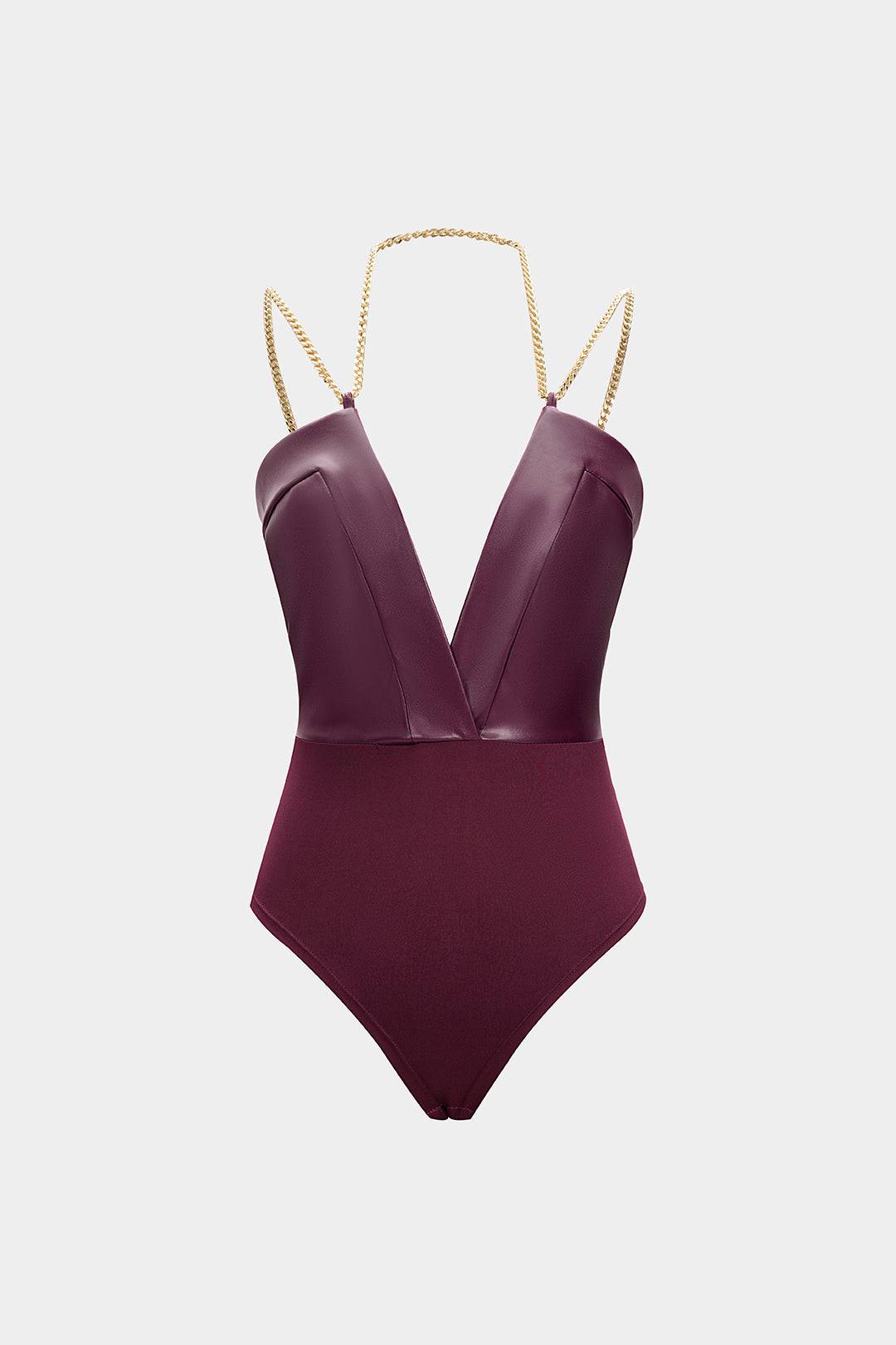 Leren-look patchwork body met kettingdetail en V-hals