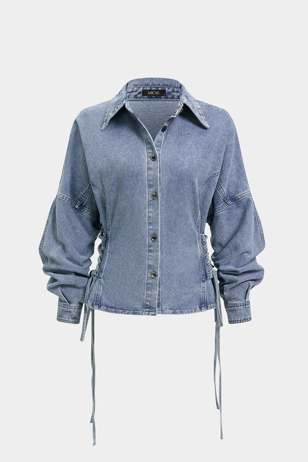 Cato - Denim blouse met strik en lange mouwen