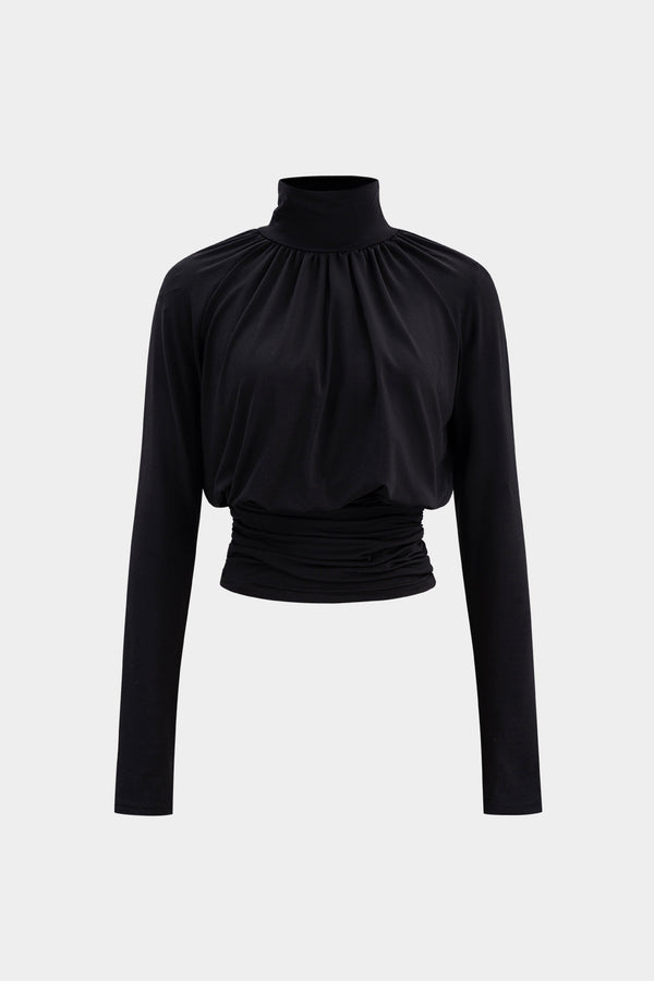 Leren-look T-shirt met kraag en lange mouwen
