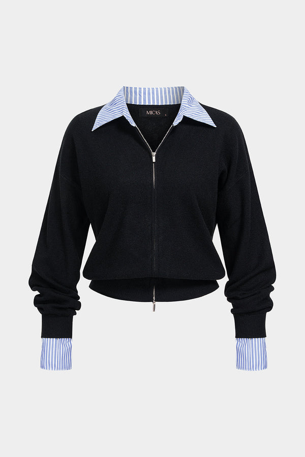 Gebreide patchwork top met rits en lange mouwen