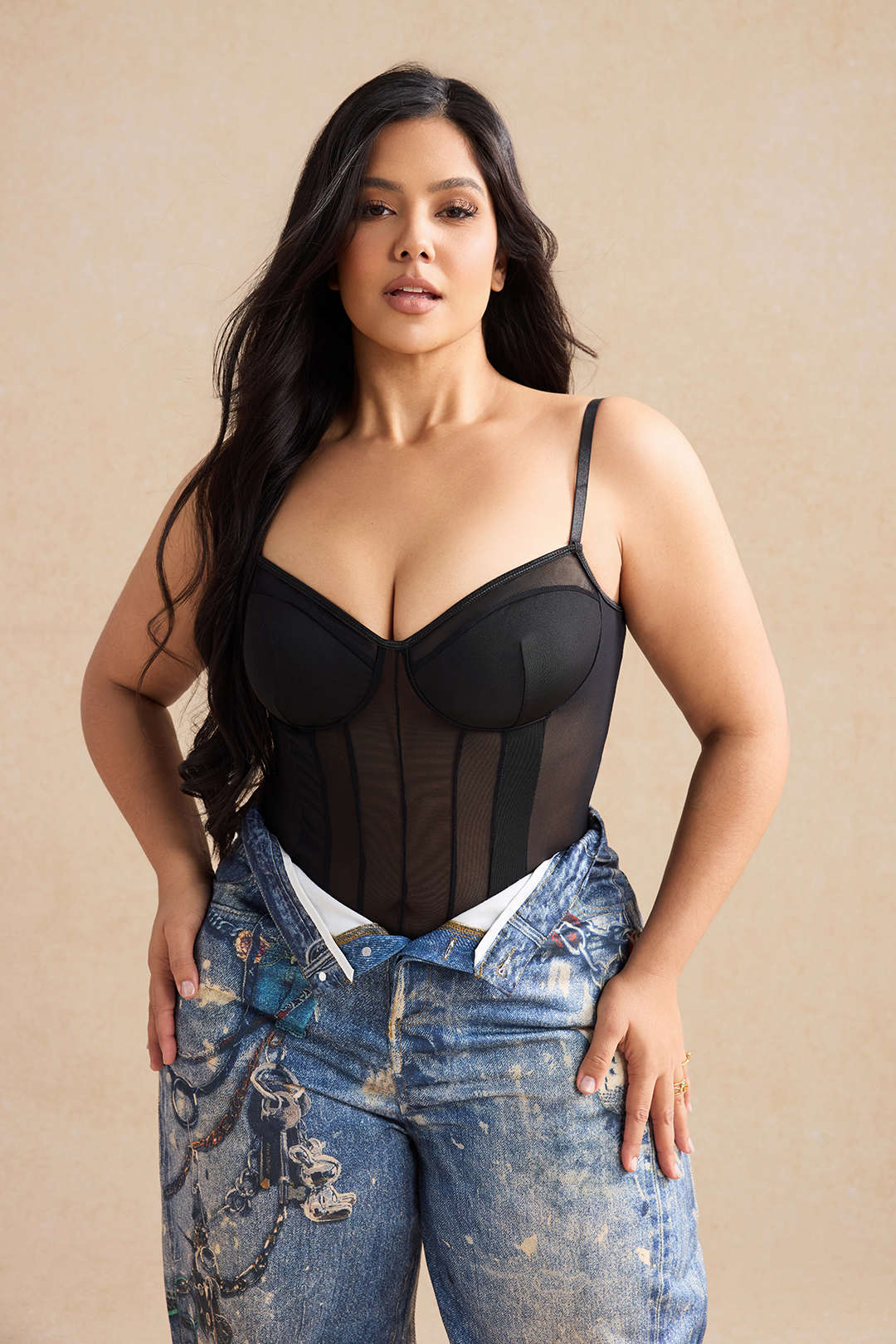 Mesh body met spaghettibandjes