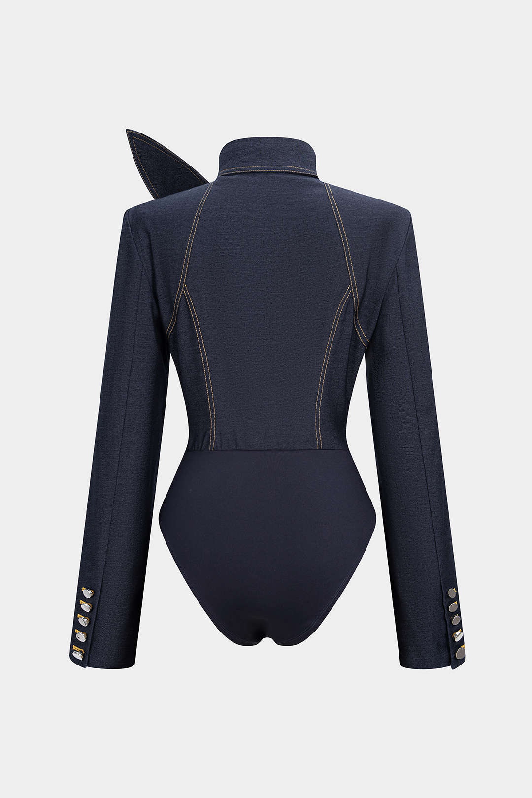 Denim body met strik en knoopjes