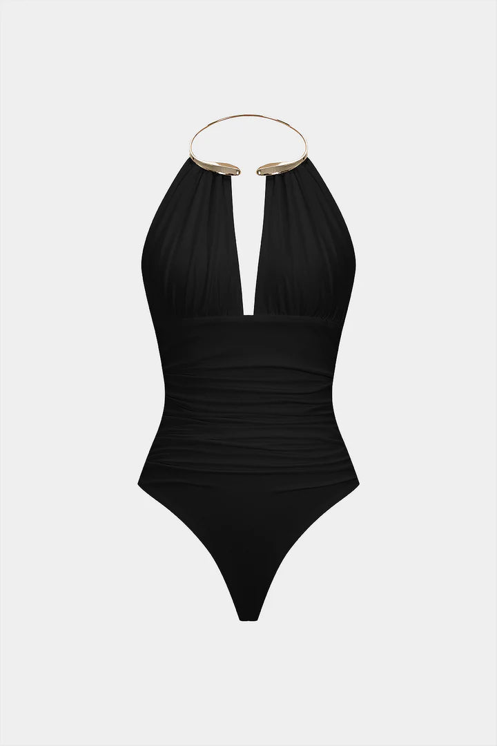 Bodysuit with metallic details, halter neck and open back