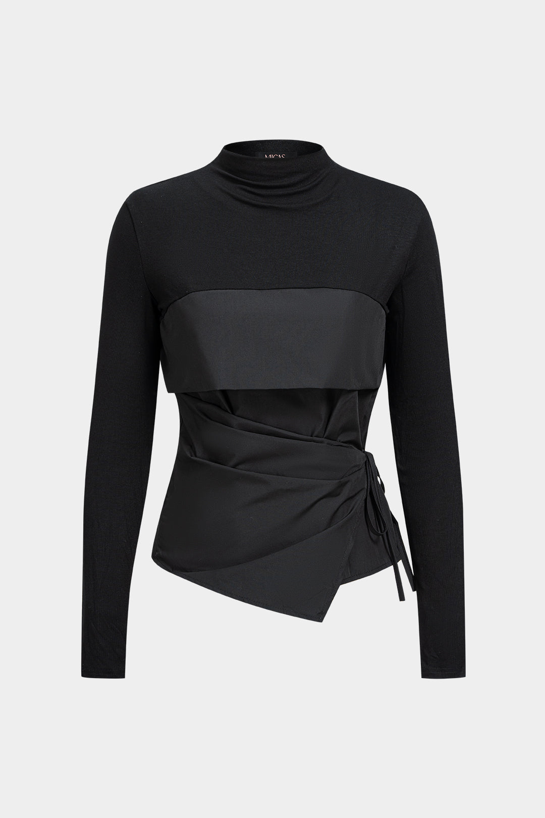 Patchwork top met strik, ruches en lange mouwen