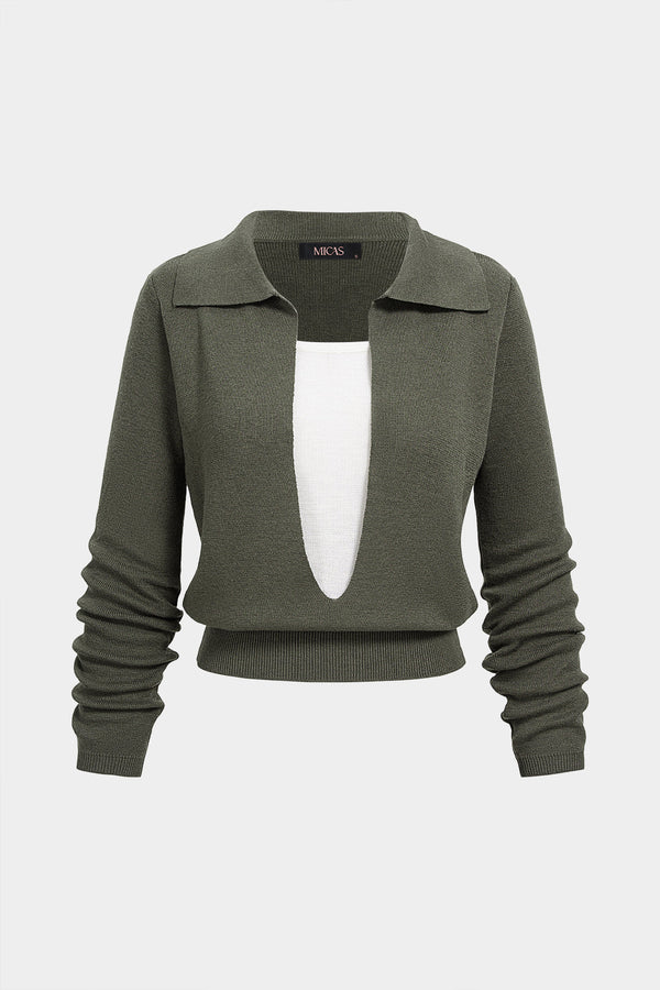 Gebreide top met revers en lange mouwen