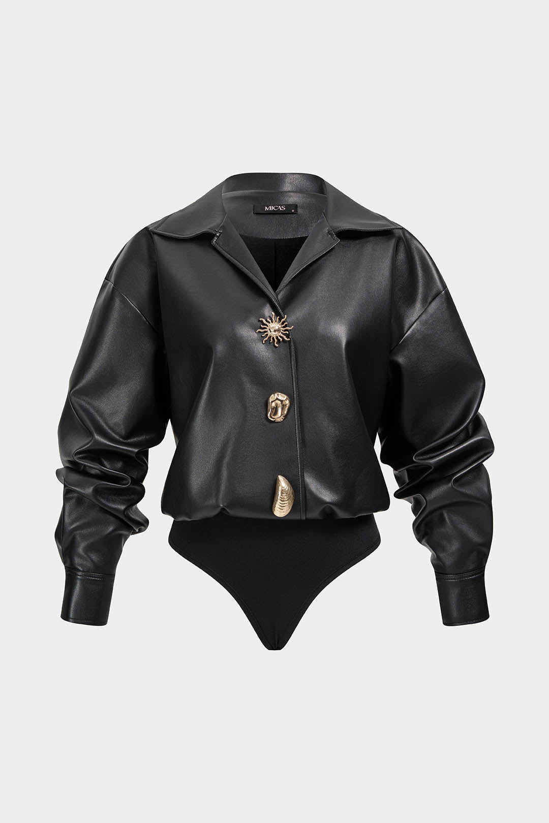 Leren-look metallic body met knoopjes en lange mouwen