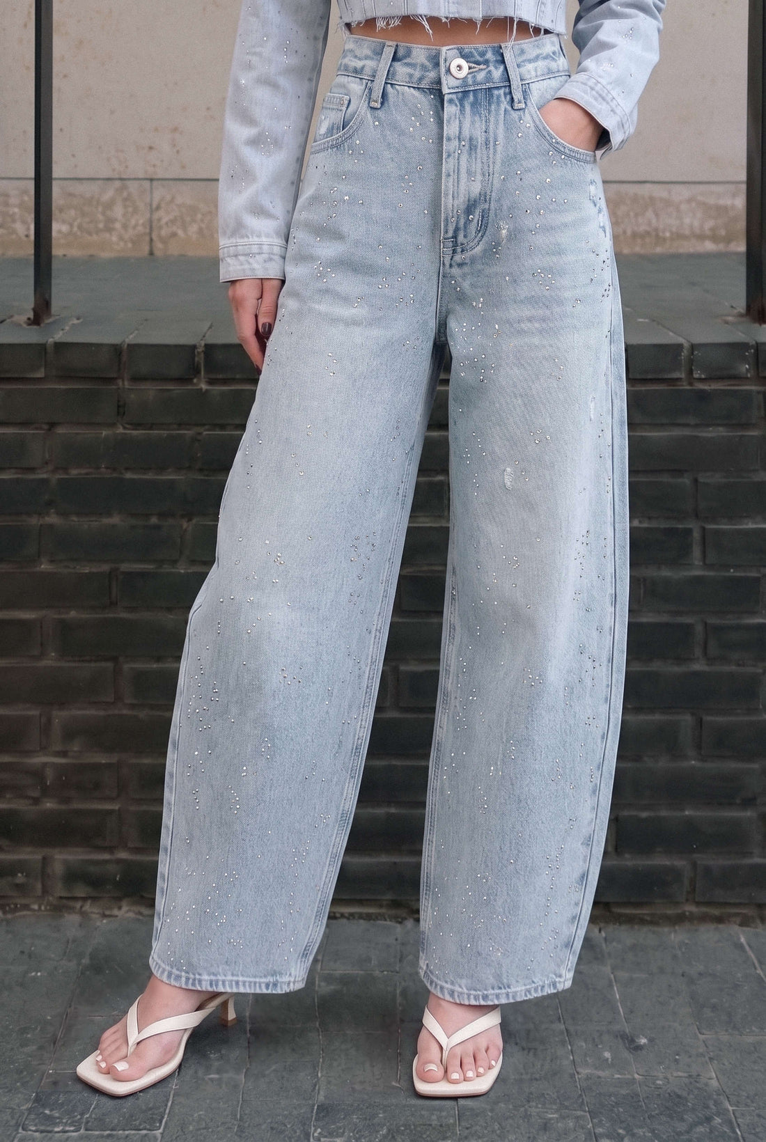 Denim broek met strass en rechte pijp