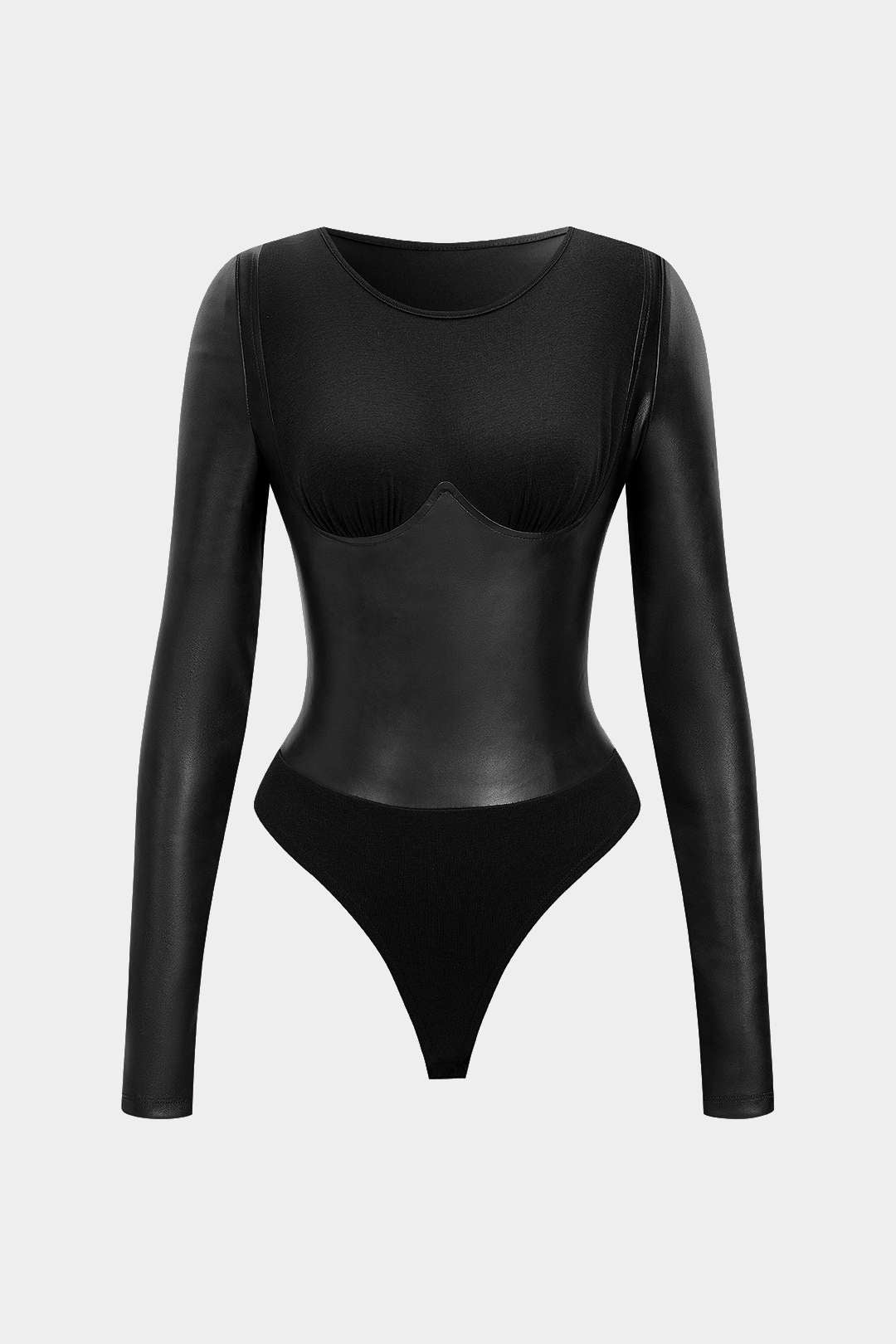 Jolie - Leren-look patchwork body met ronde hals en lange mouwen