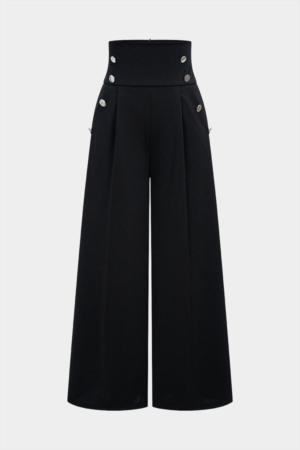 Effen broek met knoopjes, hoge taille en wijde pijpen