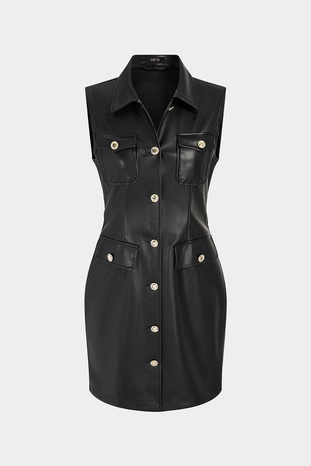Leren-look mouwloze minijurk met knoopjes