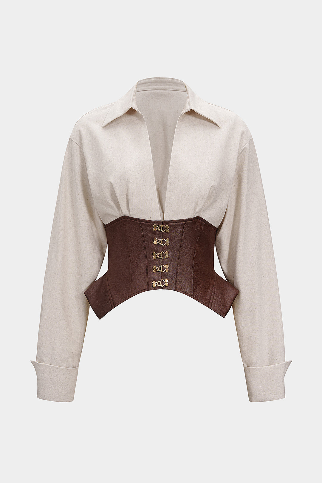 Linnen patchwork blouse met gesp en lange mouwen