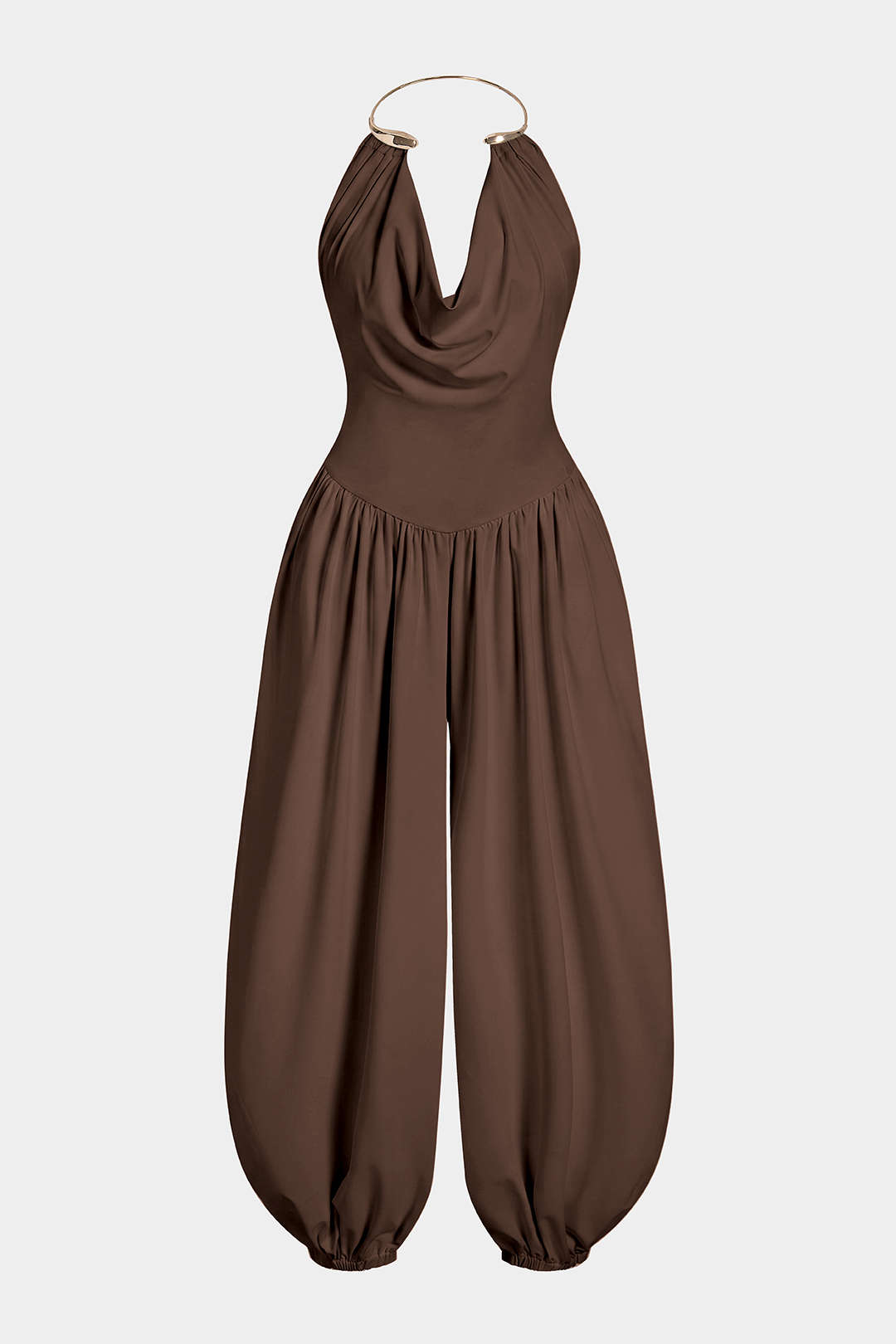 Metallic jumpsuit met drapering, watervalhals en ruches