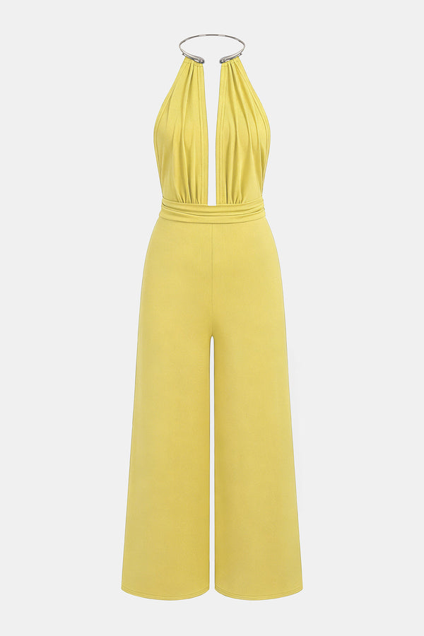 Metallic mouwloze jumpsuit met halternek en open rug