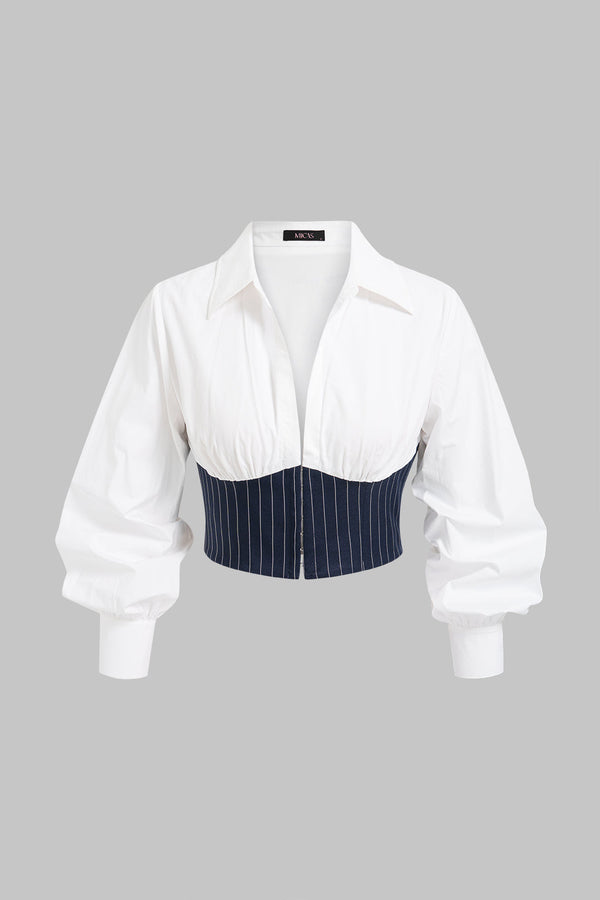 Patchwork gestreepte blouse met revers en lange mouwen