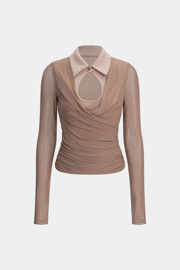 Faye - Patchwork blouse met kant, uitsnijding en lange mouwen