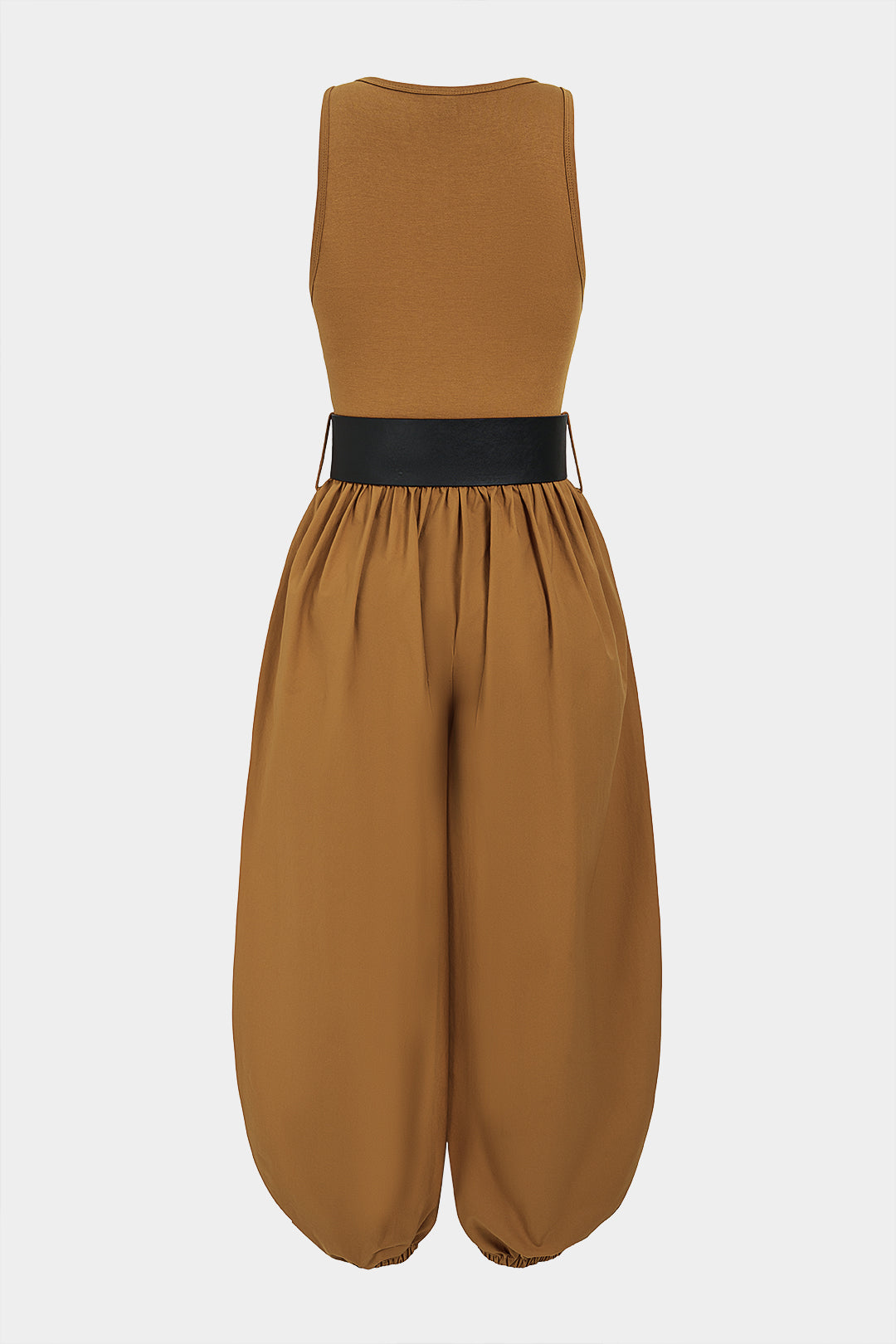 Patchwork mouwloze jumpsuit met ronde hals, ruches en riem
