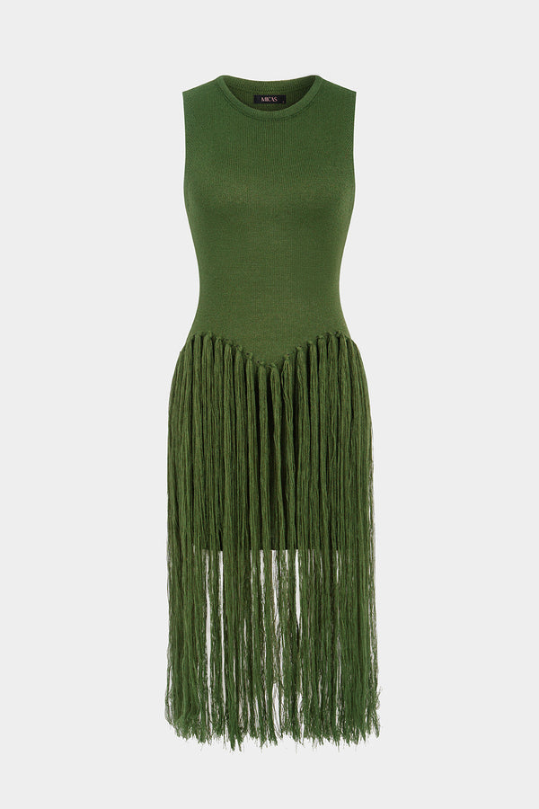 Gebreide mouwloze midijurk met franjes