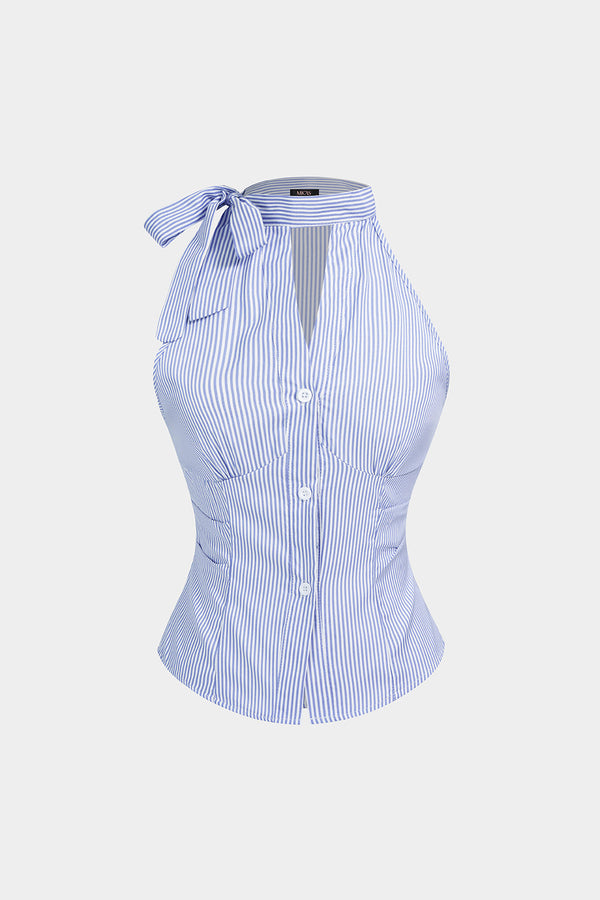 Gestreepte tanktop met halternek, V-hals en strik