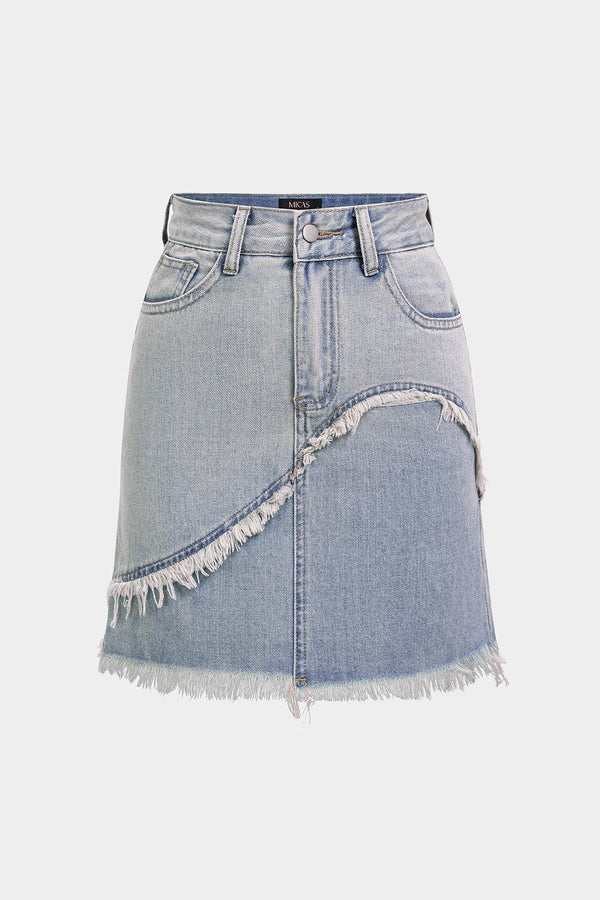 Denim asymmetrische minirok met rafelrand en hoge taille