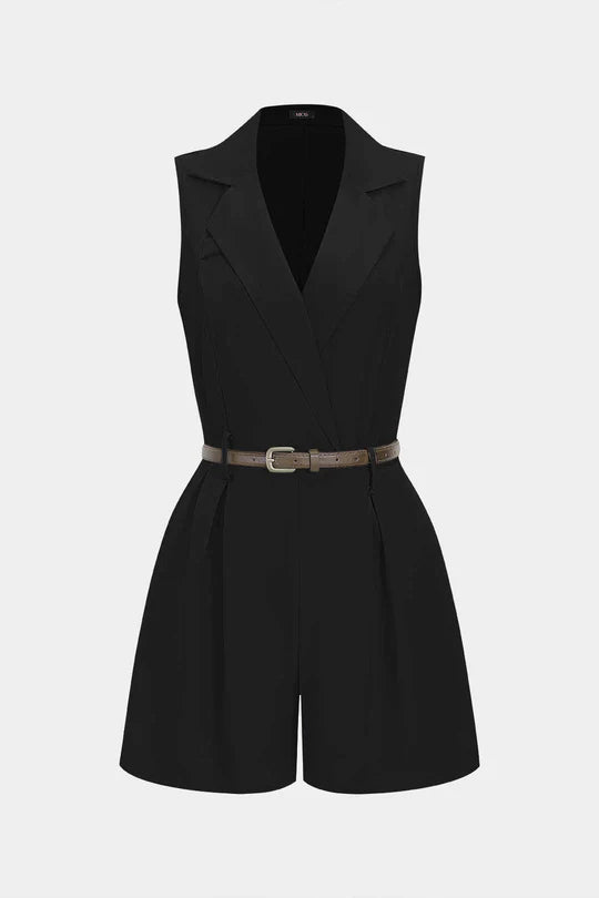 Sleeveless jumpsuit with V-neck, belt and pleats