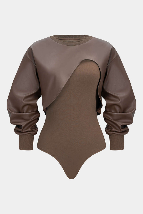 Hailey - Leren-look patchwork body met ronde hals en lange mouwen