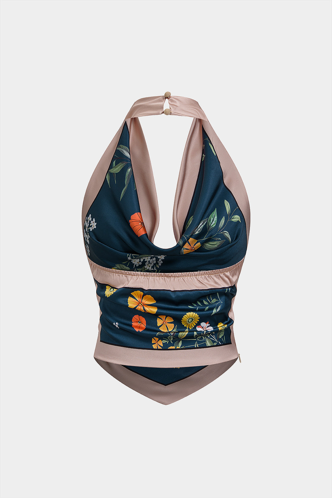 Bloemenprint satijnen tanktop met drapering en watervalhals