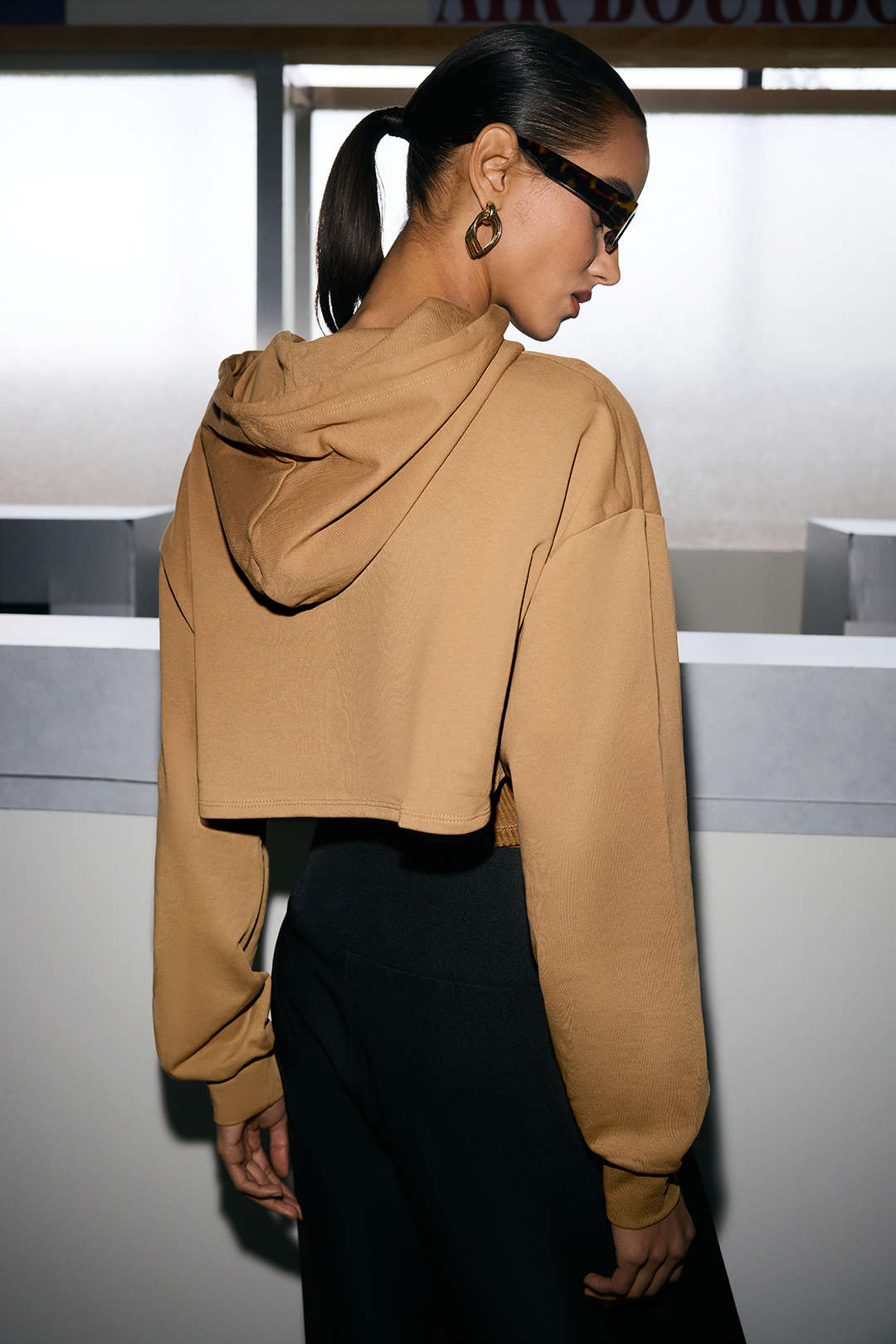 Gebreide patchwork hoodie met trekkoord