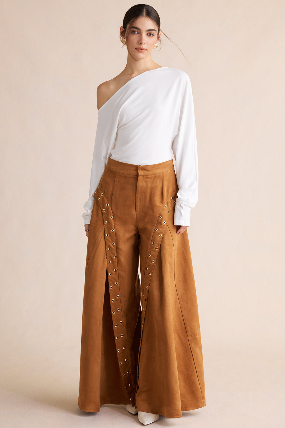 Suède broek met wijde pijpen