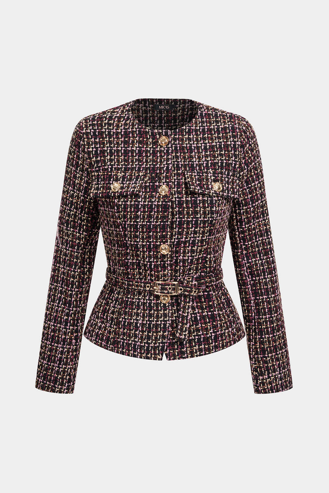 Tweed jasje met riem en ronde hals