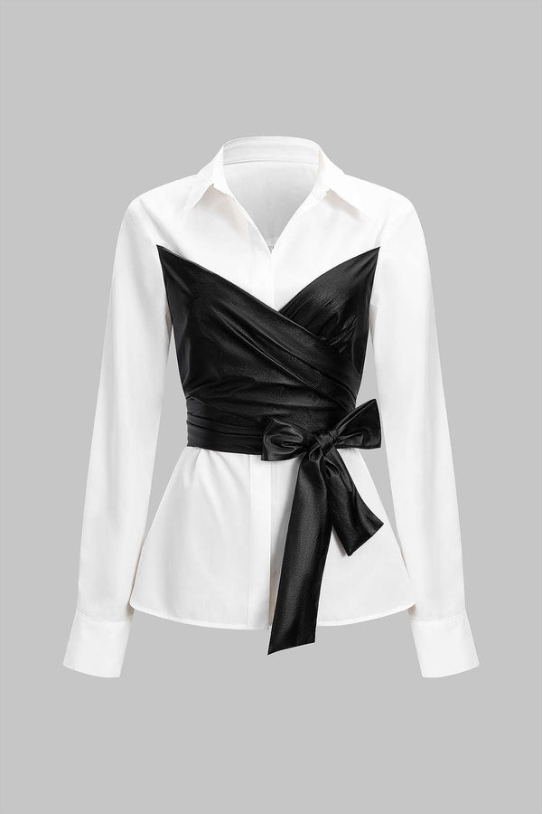 Leren-look patchwork blouse met lange mouwen