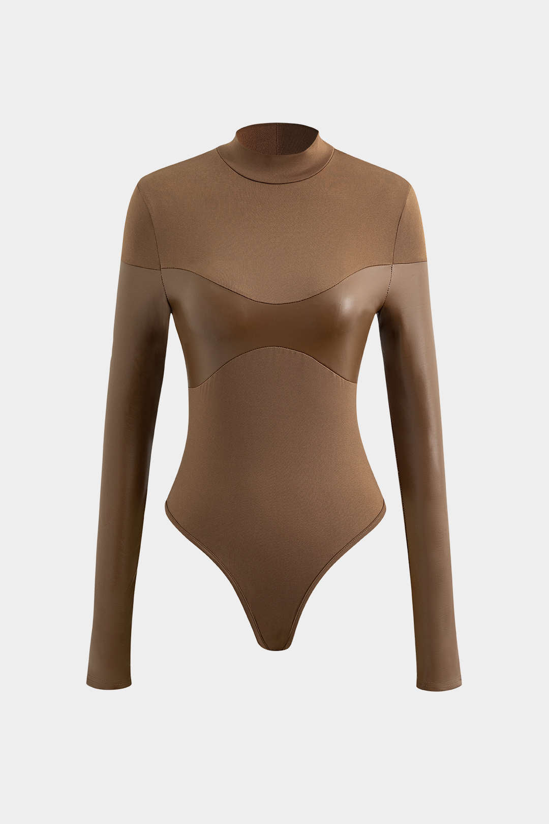 Leren-look body met opstaande kraag en lange mouwen