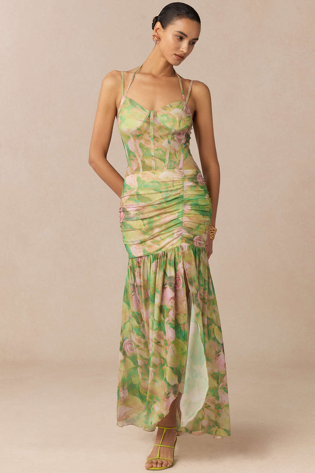Bloemenprint mouwloze midijurk met strik en spaghettibandjes