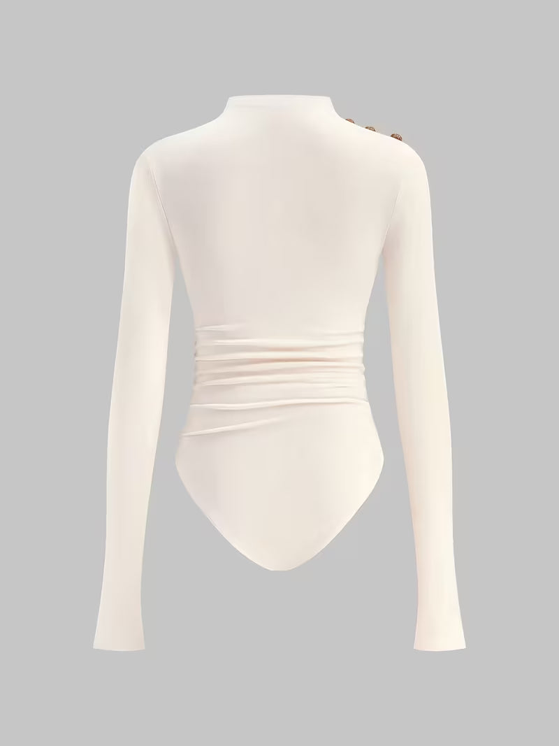 Pleated Bodysuit with Funnel Neck and Off-Shoulder Detail