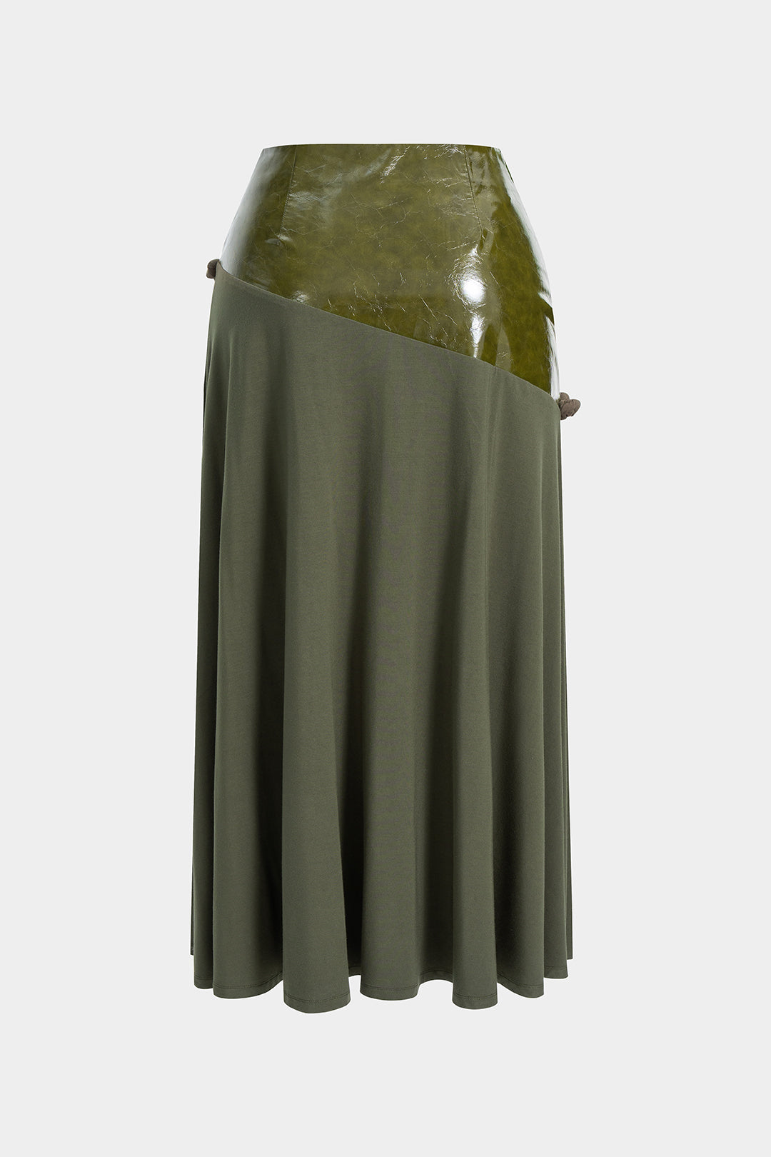 Leren-look patchwork rok met gedraaid detail en knoopdetail