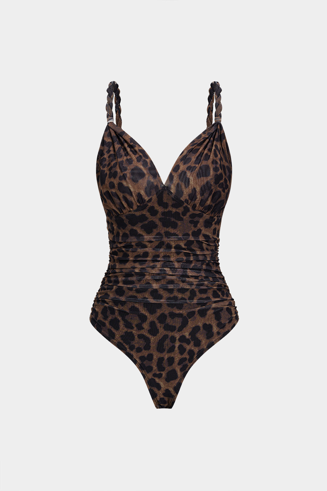 Luipaardprint mesh body met V-hals en ruches