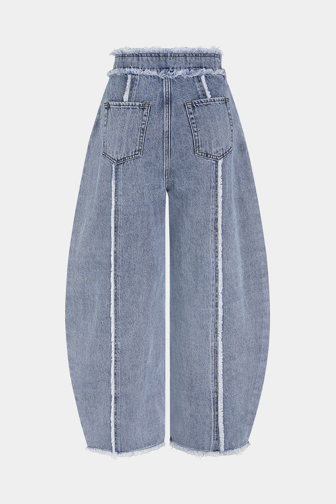 Metallic jeans met rafelrand, hoge taille en wijde pijpen