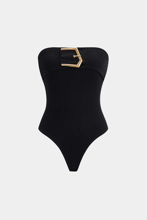 Metallic mouwloze body met strapless pasvorm